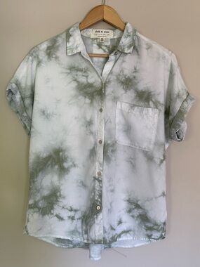 Anthropologie Cloth & Stone White & Green Tie-Dye Button-Up Blouse Sz S